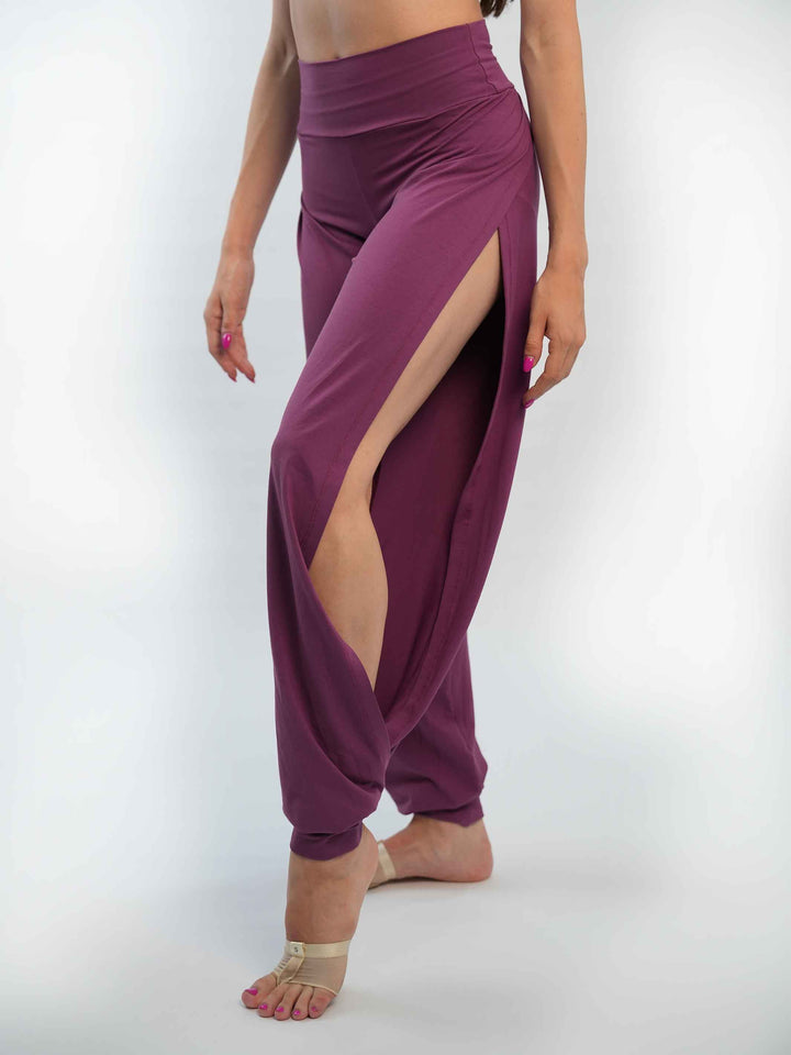 Pantalon de Jazz pour femme – coupe ample et fluide, jambes larges et taille haute, idéal pour le yoga, la danse moderne et contemporaine – couleur mauve foncé