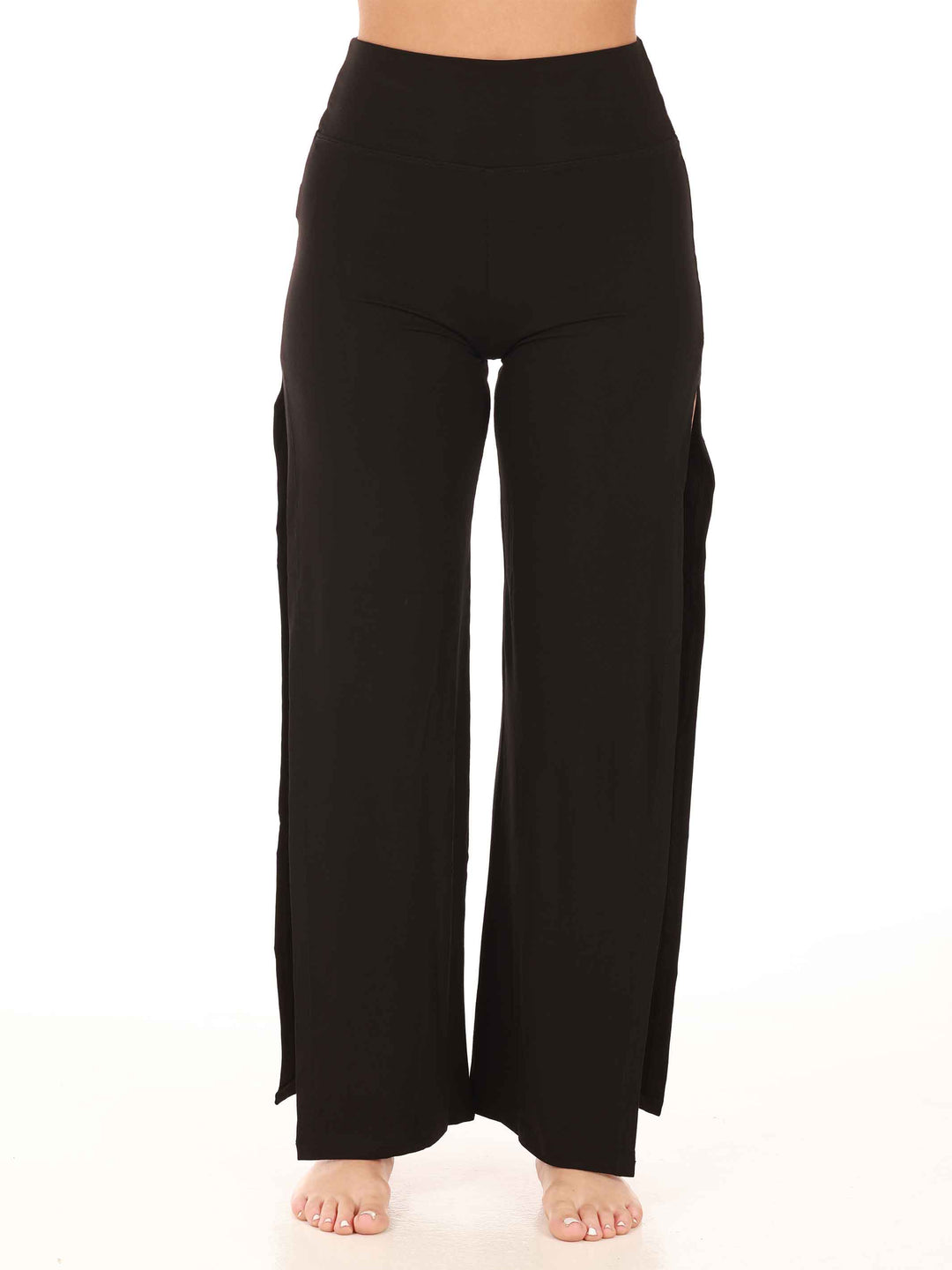 Pants fendu for women, conçu pour la modern dance, avec fentes latérales hautes et taille haute, couleur blacke - vue de face