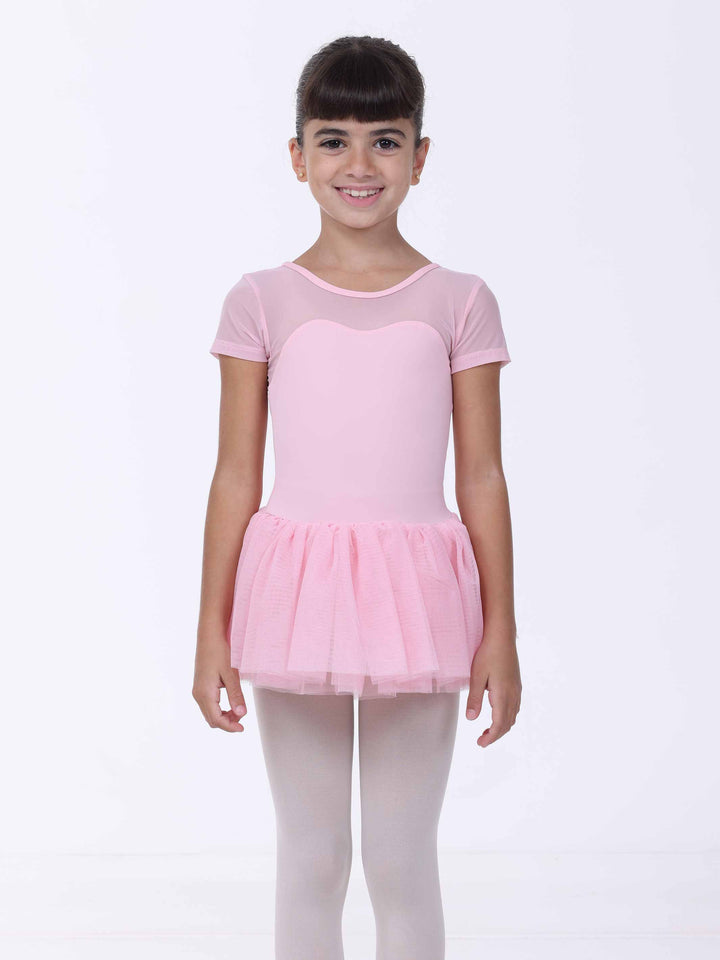 Abito di danse rosa clair da bambina – maniche corte in tulle e buste forme cœur.