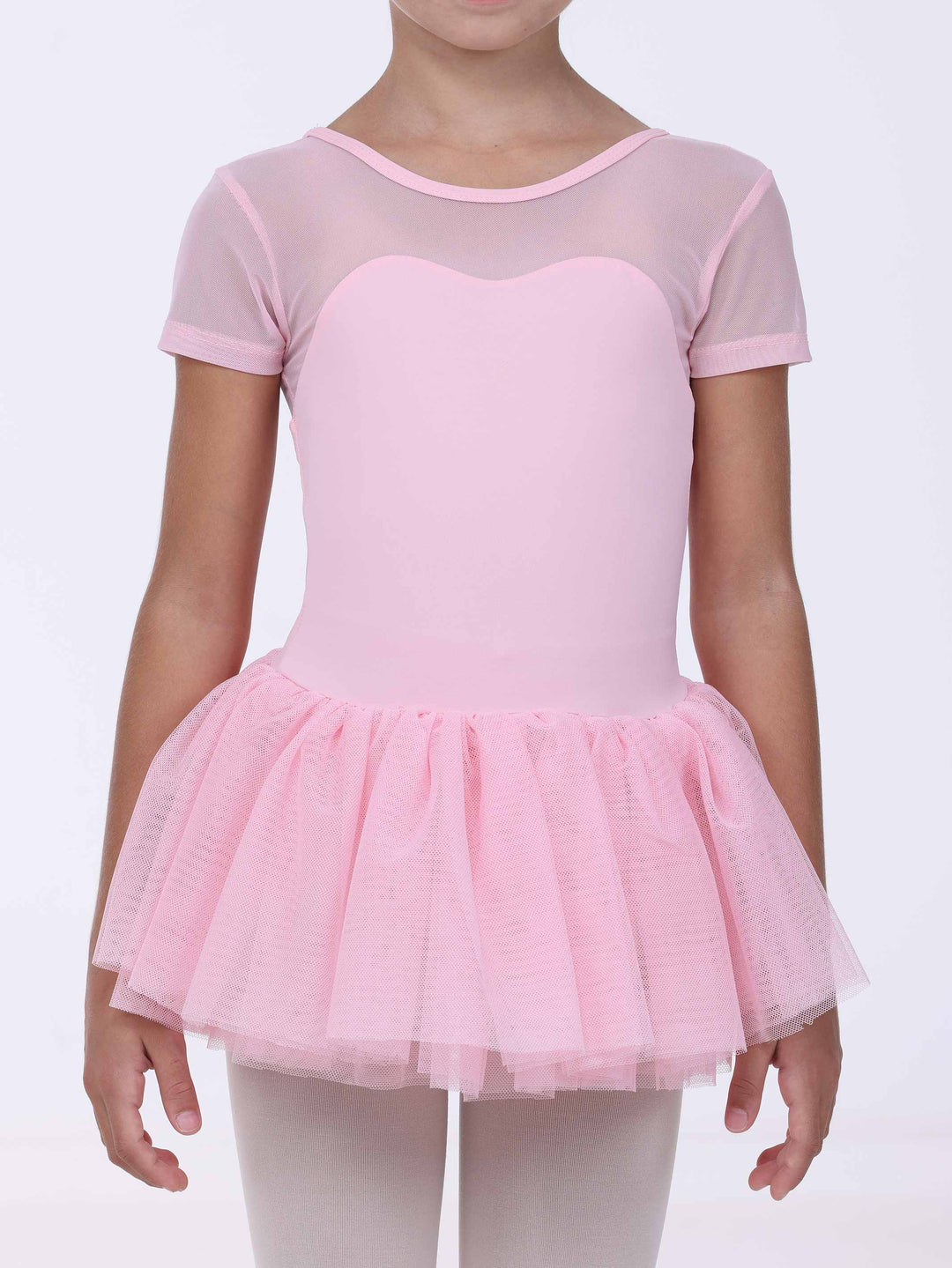 Détail du buste in tulle e di la gonna tutu rosa clair – abito di danse da bambina.