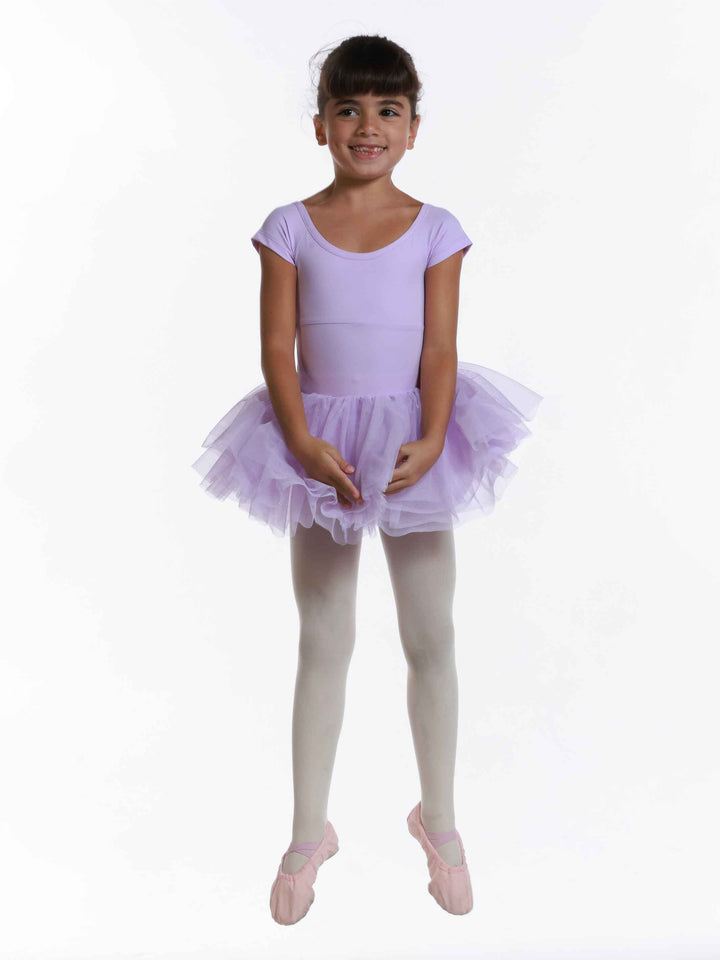 Dress tutu ballet enfant à short sleeves, plissée avec ruban au dos, encolure dégagée devant et derrière, couleur lilac