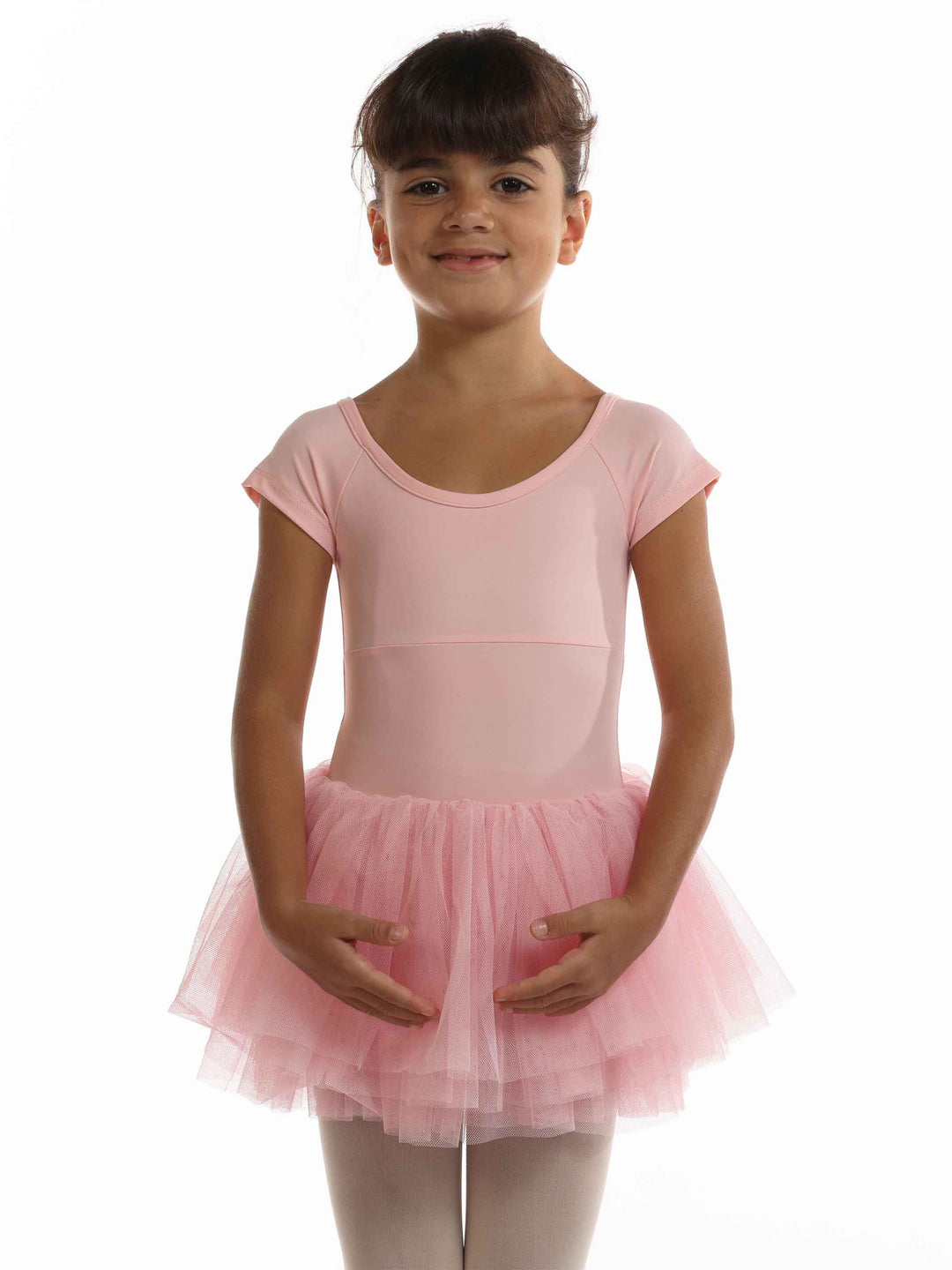 Dress tutu ballet enfant à short sleeves, plissée avec ruban au dos, encolure dégagée devant et derrière, couleur pink clair