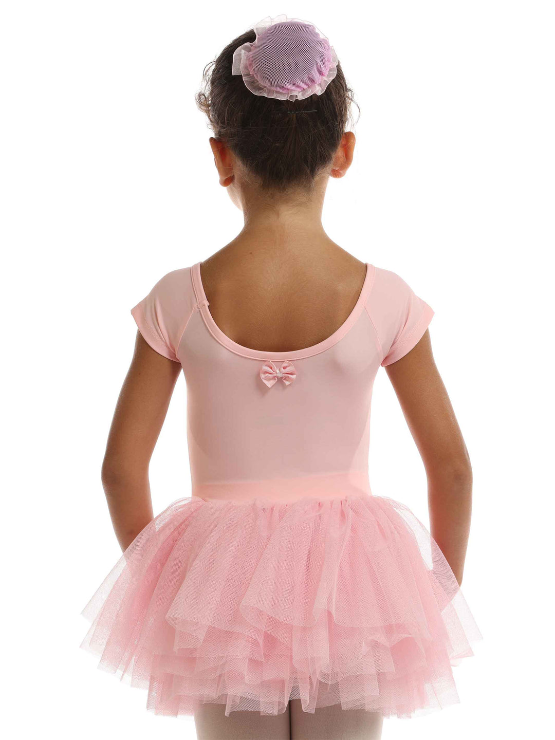 Dress tutu ballet enfant à short sleeves, plissée avec ruban au dos, encolure dégagée devant et derrière, couleur pink clair - vue arrière