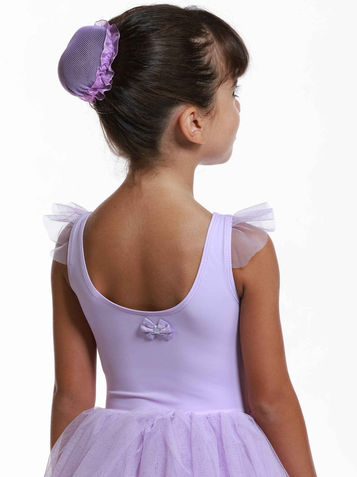 Robe tutu à manches volantes en tulle pour filles, jupe volumineuse à plusieurs couches, détail en forme de cœur au dos, idéale pour les cours et spectacles de danse classique, couleur lilac - gros plan arrière 