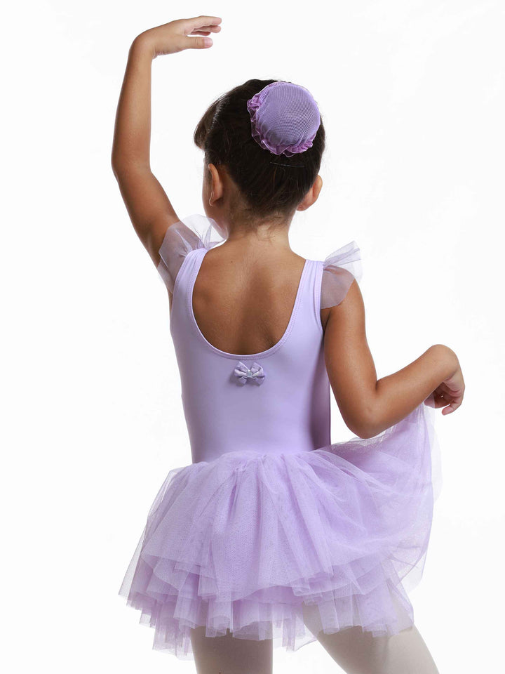 Robe tutu à manches volantes en tulle pour filles, jupe volumineuse à plusieurs couches, détail en forme de cœur au dos, idéale pour les cours et spectacles de danse classique, couleur lilac - vue du dos