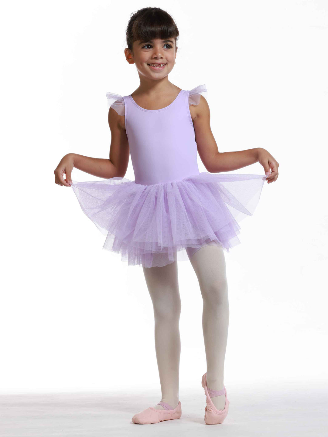 Robe tutu à manches volantes en tulle pour filles, jupe volumineuse à plusieurs couches, détail en forme de cœur au dos, idéale pour les cours et spectacles de danse classique, couleur lilac - vue de face