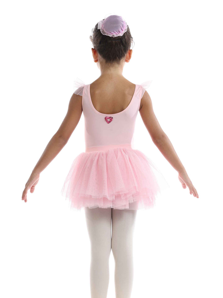 Robe tutu à manches volantes en tulle pour filles, jupe volumineuse à plusieurs couches, détail en forme de cœur au dos, idéale pour les cours et spectacles de danse classique, couleur rose clair - vue arrière