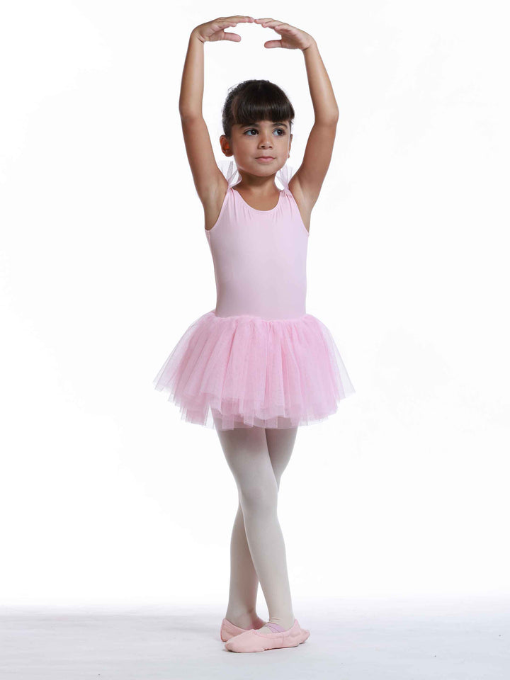Robe tutu à manches volantes en tulle pour filles, jupe volumineuse à plusieurs couches, détail en forme de cœur au dos, idéale pour les cours et spectacles de danse classique, couleur rose clair - vue de face