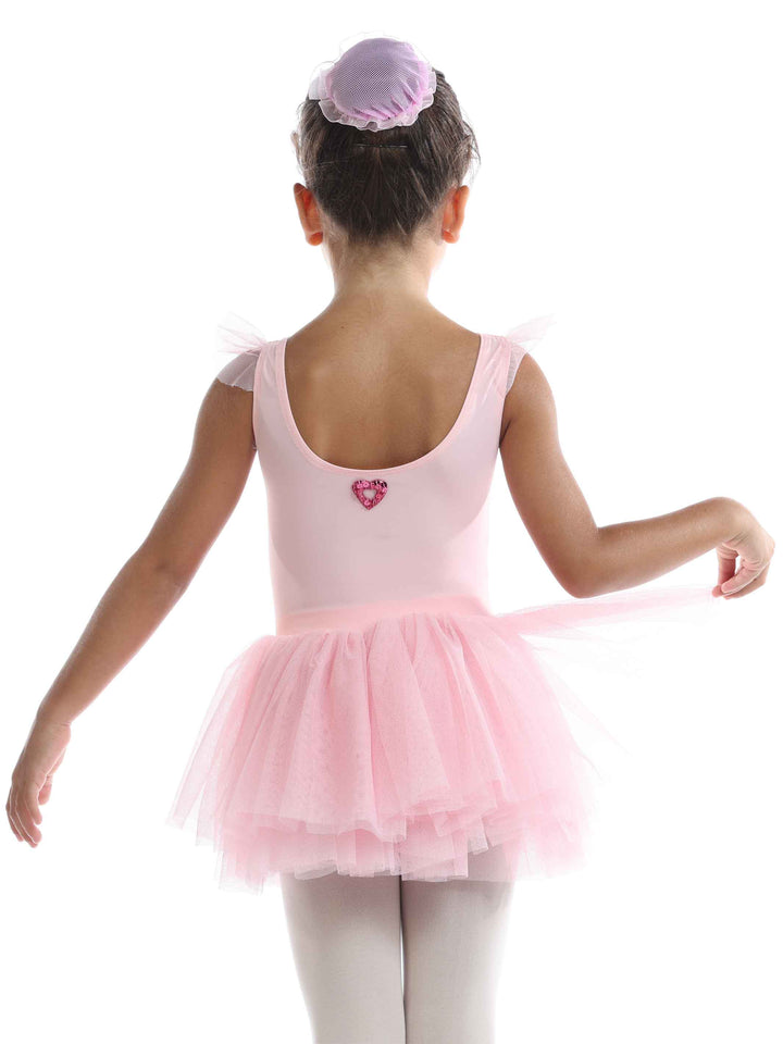 Robe tutu à manches volantes en tulle pour filles, jupe volumineuse à plusieurs couches, détail en forme de cœur au dos, idéale pour les cours et spectacles de danse classique, couleur rose clair - vue arrière