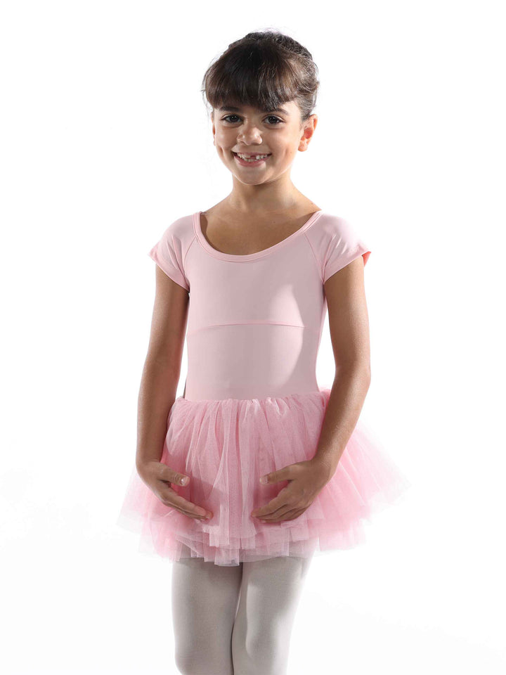 Dress tutu ballet enfant à short sleeves, plissée avec ruban au dos, encolure dégagée devant et derrière, couleur pink clair