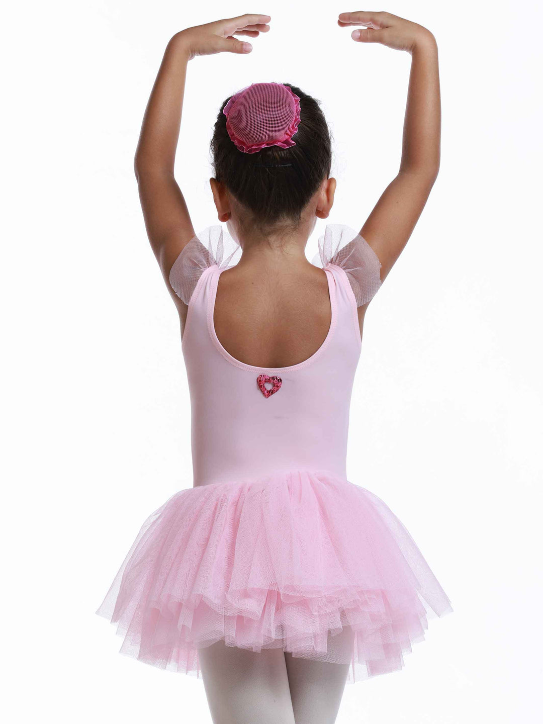 Robe tutu à manches volantes en tulle pour filles, jupe volumineuse à plusieurs couches, détail en forme de cœur au dos, idéale pour les cours et spectacles de danse classique, couleur rose clair - vue arrière