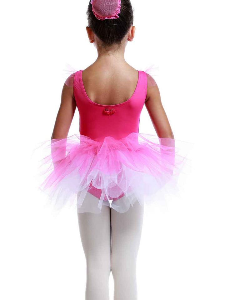 Robe tutu à manches volantes en tulle pour filles, jupe volumineuse à plusieurs couches, détail en forme de cœur au dos, idéale pour les cours et spectacles de danse classique, couleur rose vif - vue arrière