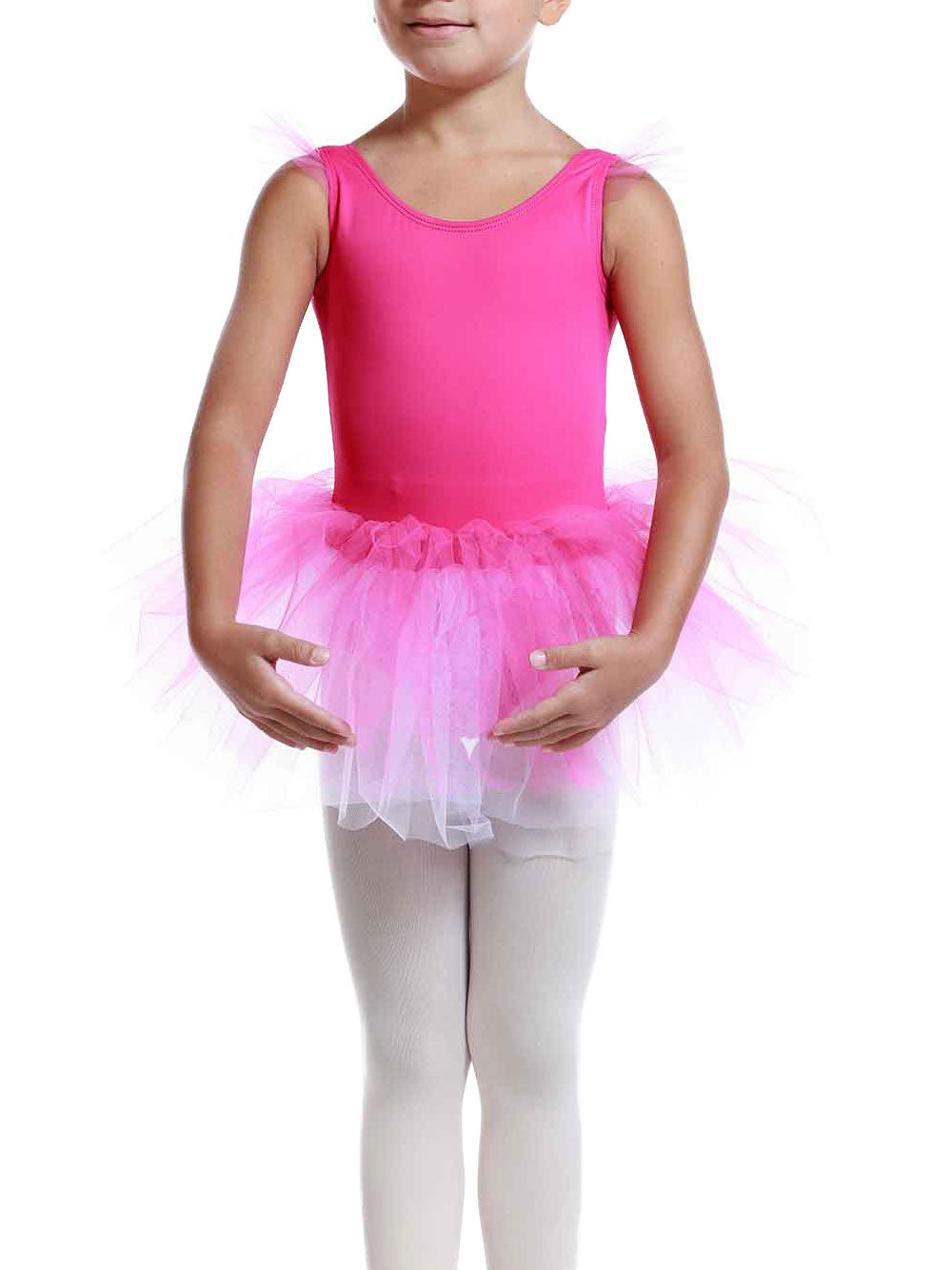 Robe tutu à manches volantes en tulle pour filles, jupe volumineuse à plusieurs couches, détail en forme de cœur au dos, idéale pour les cours et spectacles de danse classique, couleur rose vif - vue de face