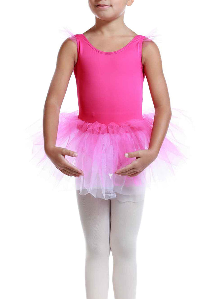 Robe tutu à manches volantes en tulle pour filles, jupe volumineuse à plusieurs couches, détail en forme de cœur au dos, idéale pour les cours et spectacles de danse classique, couleur rose vif - vue de face