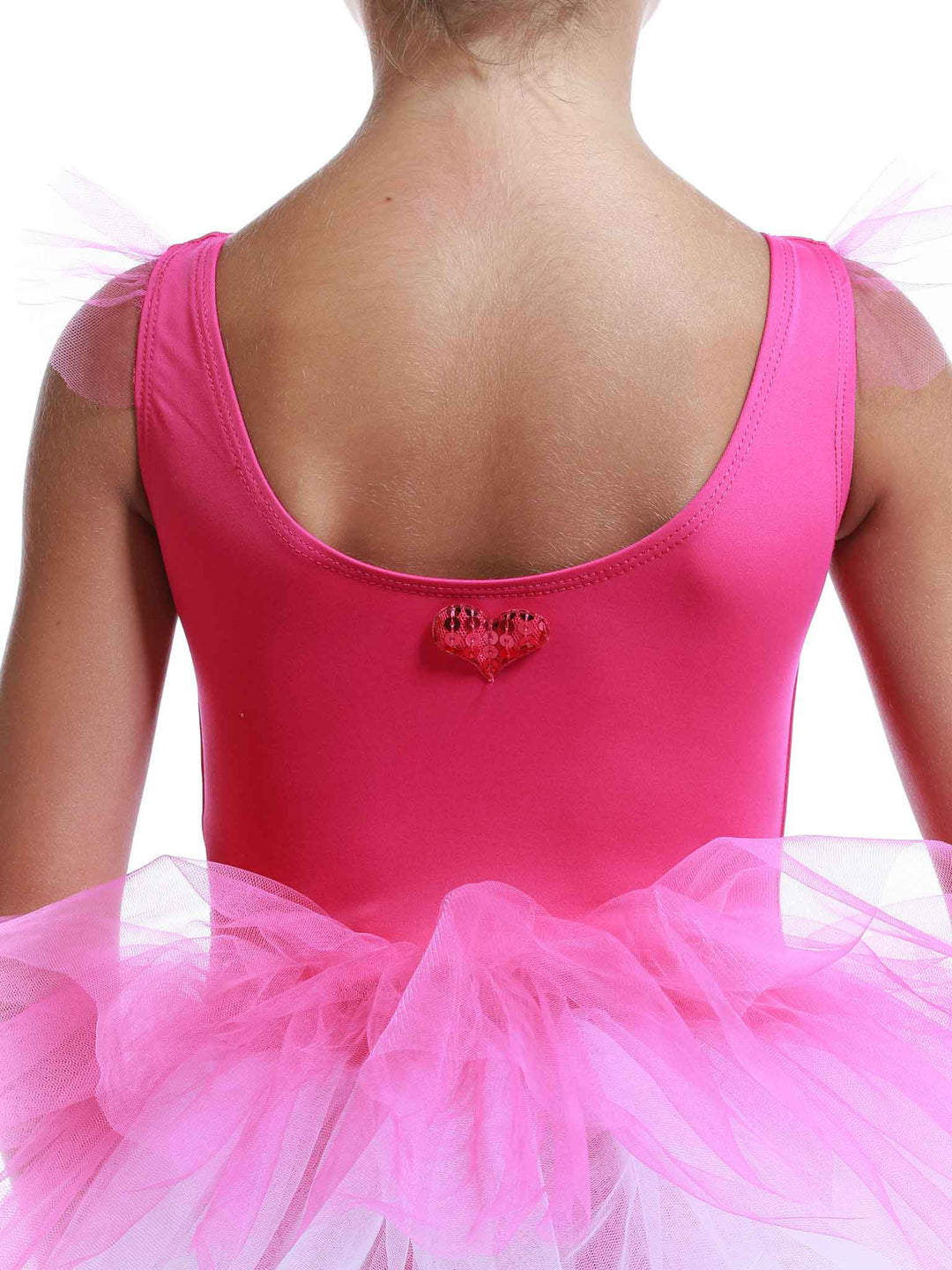 Robe tutu à manches volantes en tulle pour filles, jupe volumineuse à plusieurs couches, détail en forme de cœur au dos, idéale pour les cours et spectacles de danse classique, couleur rose vif - vue arrière