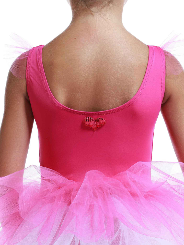 Robe tutu à manches volantes en tulle pour filles, jupe volumineuse à plusieurs couches, détail en forme de cœur au dos, idéale pour les cours et spectacles de danse classique, couleur rose vif - vue arrière