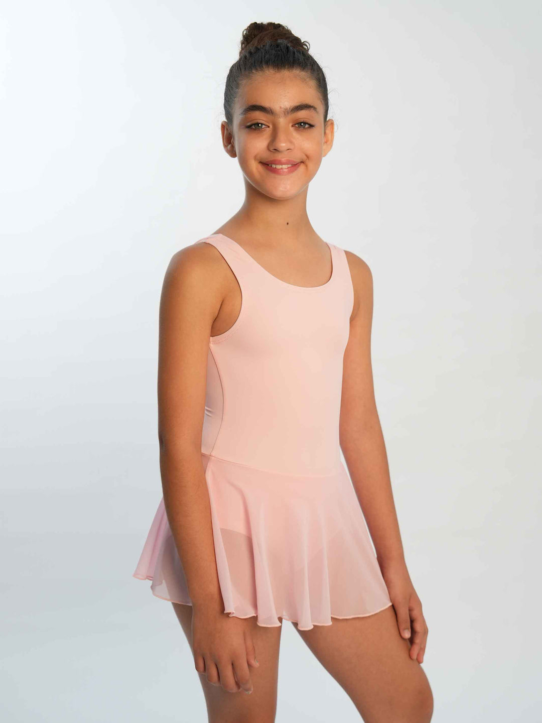 Robe de ballet pour fille à manches tank, jupe fluide en mesh intégrée, couleur rose clair