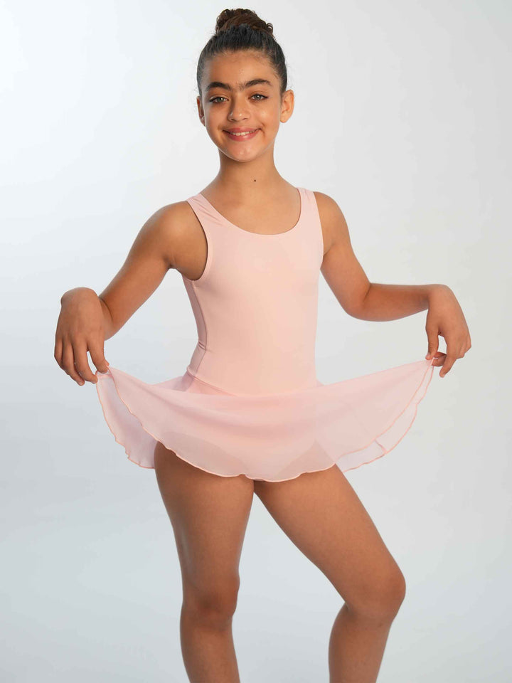 Robe de ballet pour fille à manches tank, jupe fluide en mesh intégrée, couleur rose clair - vue de face