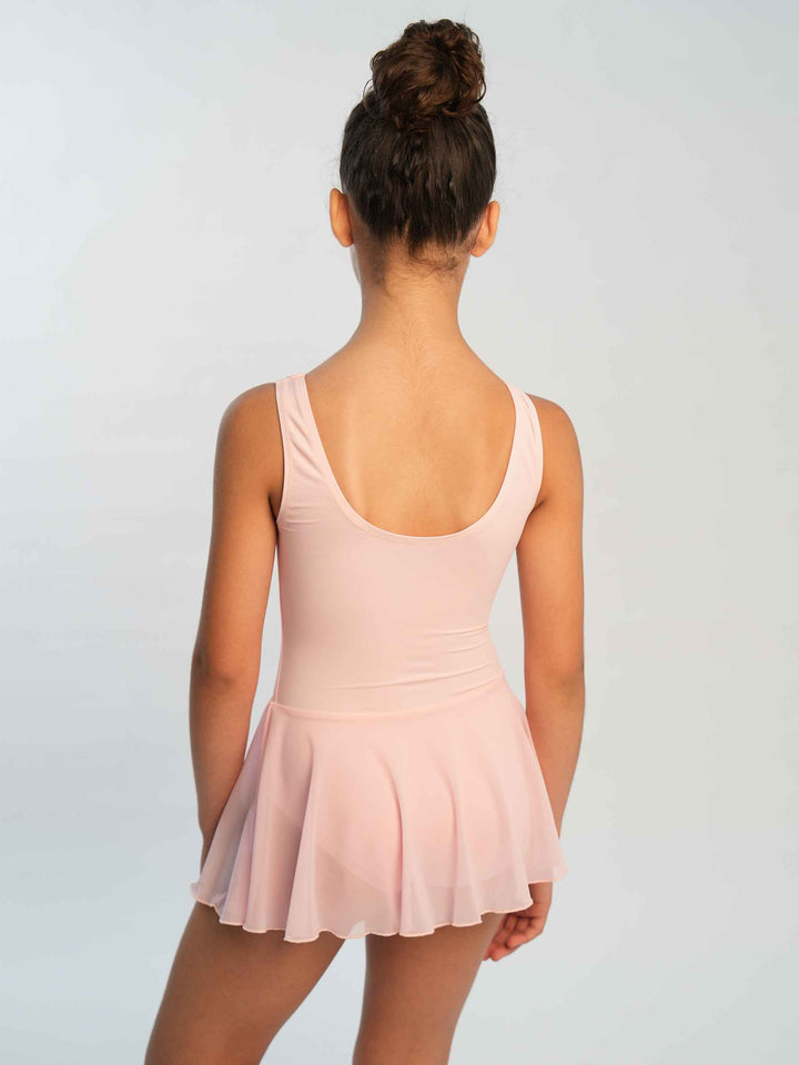 Robe de ballet pour fille à manches tank, jupe fluide en mesh intégrée, couleur rose clair - vue arrière