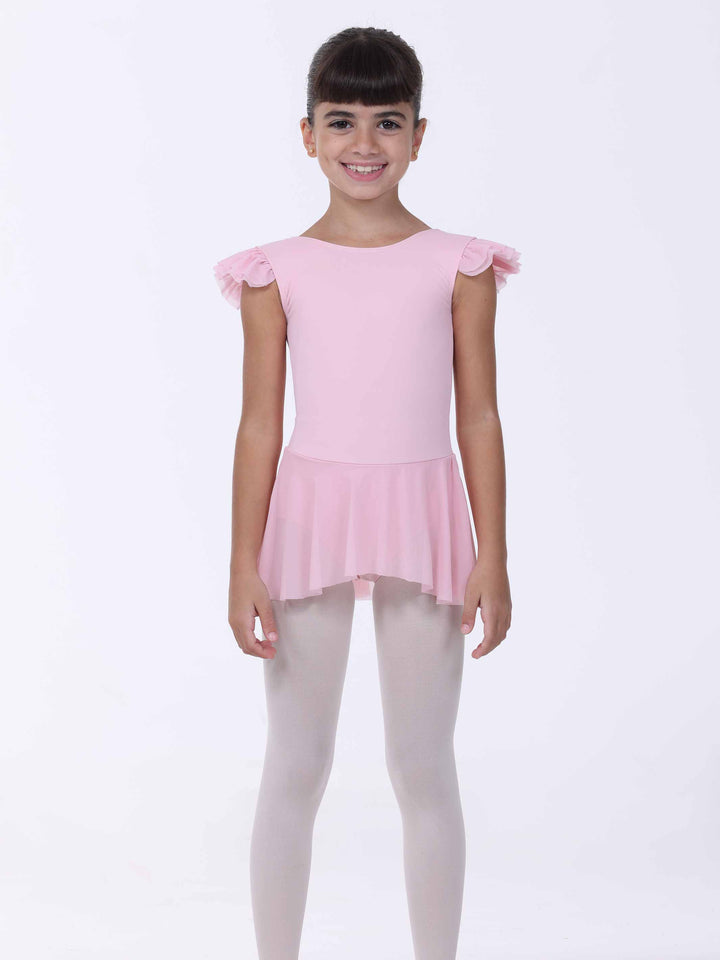 Abito di danse rosa clair da bambina – manches papillon e gonna fluido intégrée.