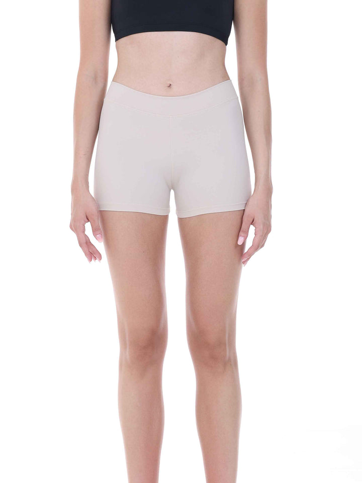 Short taille basse pour la danse et le yoga, coupe brief, couleur beige clair, da donna - vue de face