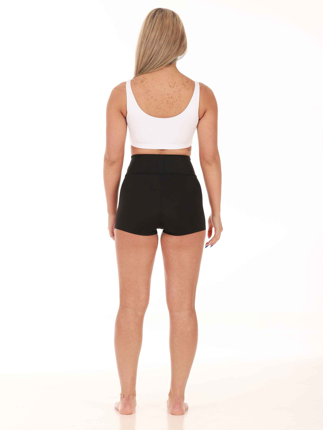 Short taille haute de danse et yoga da donna, avec large ceinture de 8 cm pour un sostegno ottimale, couleur neroe - vue arrière