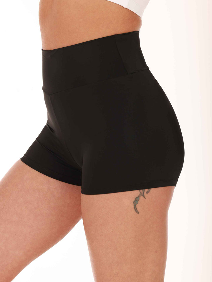 Short taille haute de danse et yoga da donna, avec large ceinture de 8 cm pour un sostegno ottimale, couleur neroe - vue de côté