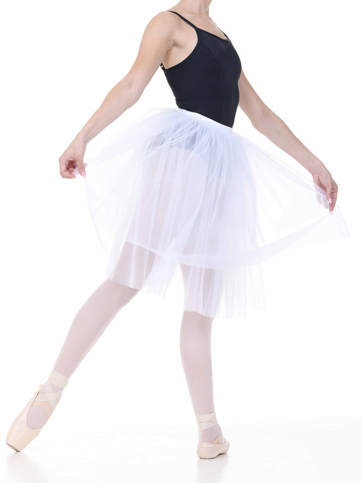 Skirt tutu longue in tulle white portée par a dancer – style romantique and intemporel.
