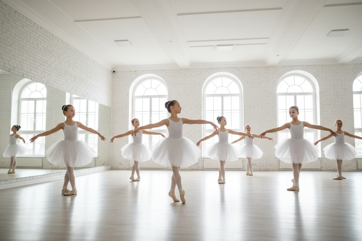 Jeunes danseuses en tutu blanc pratiquant le ballet dans un studio lumineux.